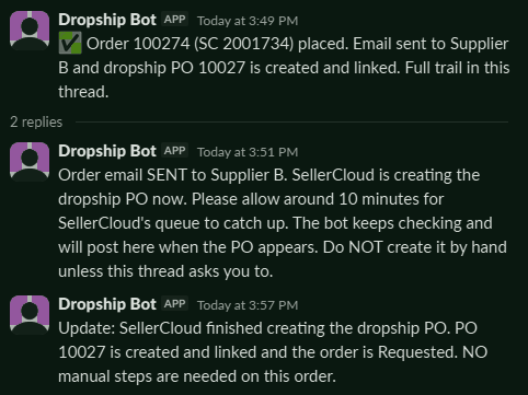 Slack thread on that order: the email to the supplier is sent, then the purchase order is created and linked, and no manual steps are needed.